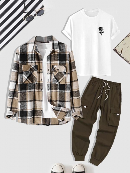 ZAFUL Men's 3Pcs Outfits Plaid Shacket and Rose Print T-shirt and Techwear Cargo Pants Set Coffee