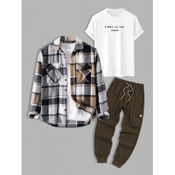 ZAFUL Men's 3Pcs Outfits Plaid Flannel Shirt and Printed Casual T-shirt and Techwear Cargo Pants Set Gray