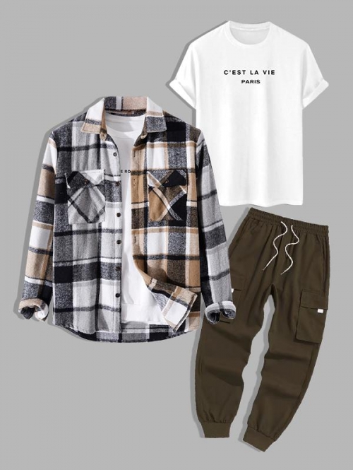 ZAFUL Men's 3Pcs Outfits Plaid Flannel Shirt and Printed Casual T-shirt and Techwear Cargo Pants Set Gray