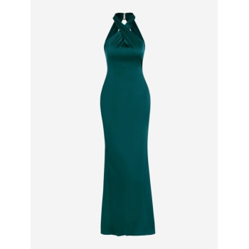 Maxi Criss Cross Cut Out Backless Silky Slinky Maxi Vegas Dress M Green