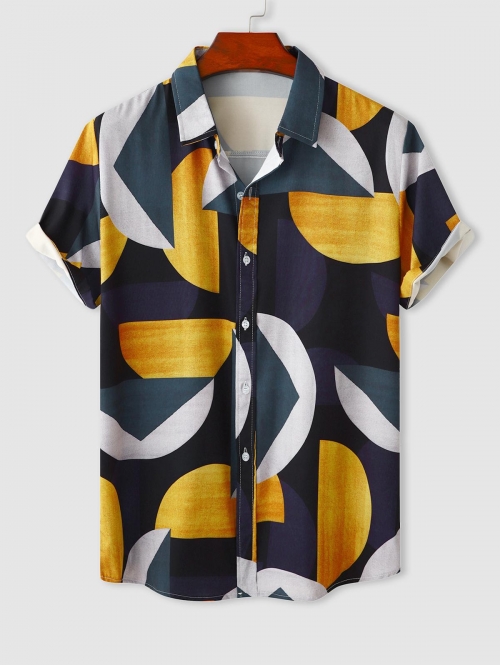 ZAFUL Men's Short Sleeves Geometric Pattern Colorblock Vacation Shirt L Deep blue