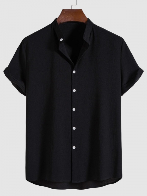 ZAFUL Men's Solid Color Stand Collar Short Sleeves Shirt L Black