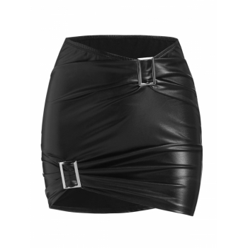 ZAFUL Square Rings Ruched Faux Leather Mini Skirt M Black