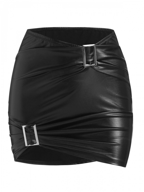 ZAFUL Square Rings Ruched Faux Leather Mini Skirt M Black