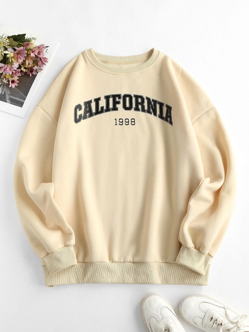 Women Hoodies Letter Print Drop Shoulder Oversized Sweatshirt L Light coffee