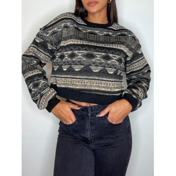 Women ZAFUL Drop Shoulder Crew Neck Tribal Ethnic Aztec Printed Graphic Sweater S Black