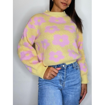 Women Crewneck Pastel Floral Graphic Sweater M Yellow