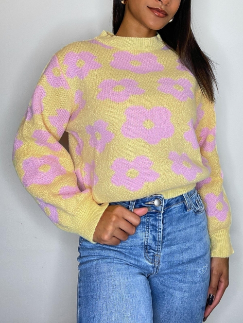 Women Crewneck Pastel Floral Graphic Sweater M Yellow