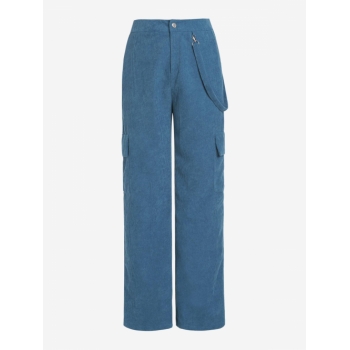 ZAFUL Corduroy Strap Embellished Baggy Cargo Pants L Blue