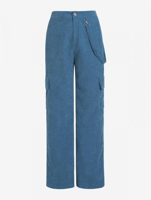 ZAFUL Corduroy Strap Embellished Baggy Cargo Pants L Blue