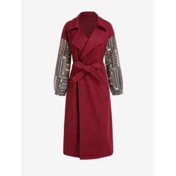 Aztec Pattern Drop Shoulder Belted Wool Blend Coat M Deep red