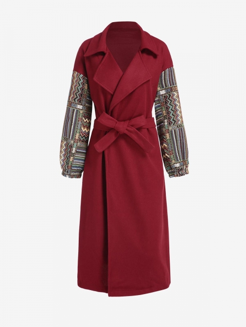 Aztec Pattern Drop Shoulder Belted Wool Blend Coat M Deep red