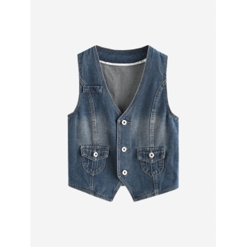 Women Waistcoat Button Up Denim Vest M Blue