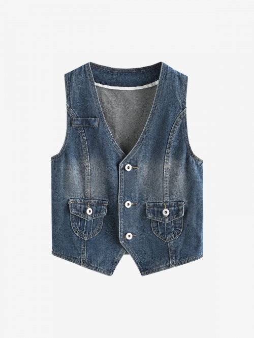 Women Waistcoat Button Up Denim Vest M Blue