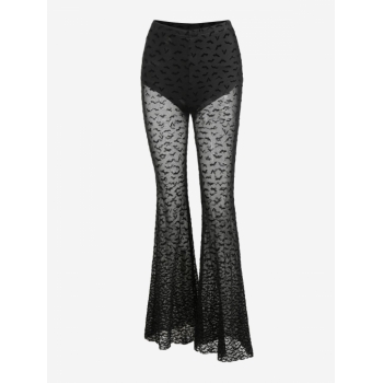 Halloween Flocking Bat Lace Flare Pants L Black