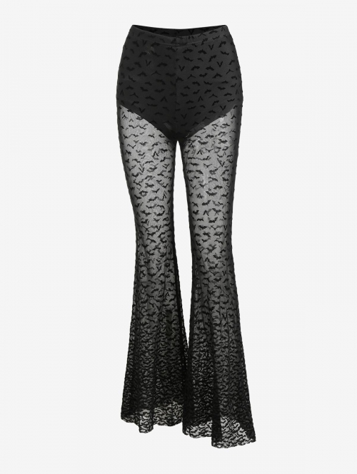 Halloween Flocking Bat Lace Flare Pants L Black