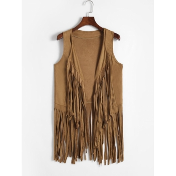 Women Waistcoat Fringed Open Front Longline Vest L Coffee