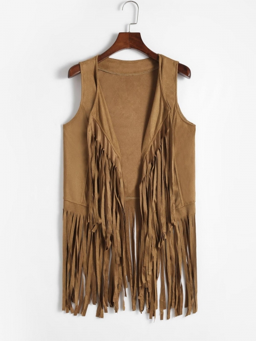 Women Waistcoat Fringed Open Front Longline Vest L Coffee