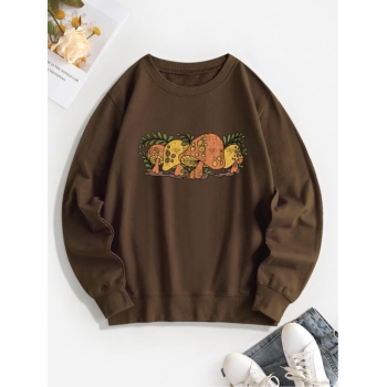 Women Hoodies Mushroom Print Pullover Sweatshirt S Deep coffee