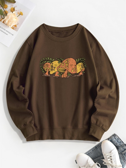 Women Hoodies Mushroom Print Pullover Sweatshirt S Deep coffee