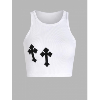 Women Tank Tops Zaful Women Ribbed Crosses Patched Baby Casual Cute Crop Crew Collar High Stretch Summer Tank Top M White