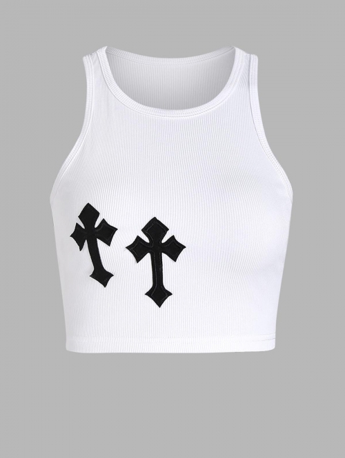 Women Tank Tops Zaful Women Ribbed Crosses Patched Baby Casual Cute Crop Crew Collar High Stretch Summer Tank Top M White