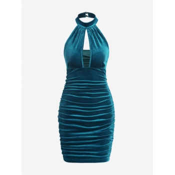 Mini Dress ZAFUL Halter Velour Cutout Ruched Bodycon Dress M Blue