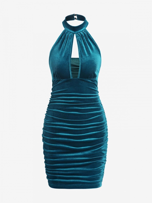 Mini Dress ZAFUL Halter Velour Cutout Ruched Bodycon Dress M Blue