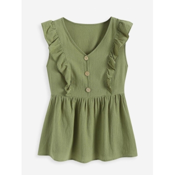 Women Tank Tops Button Front Ruffles Solid Tank Top S Green