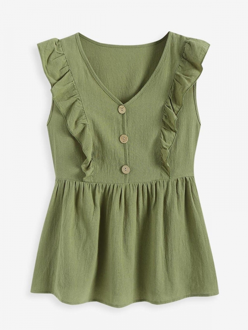 Women Tank Tops Button Front Ruffles Solid Tank Top S Green