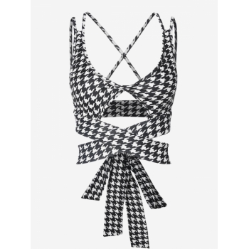 Women Tank Tops Criss Cross Cut Out Tie Houndstooth Crop Top M Black