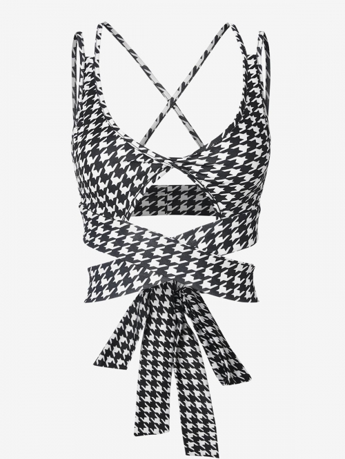 Women Tank Tops Criss Cross Cut Out Tie Houndstooth Crop Top M Black