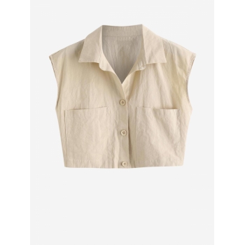 ZAFUL Pocket Sleeveless Crop Shirt M Light coffee