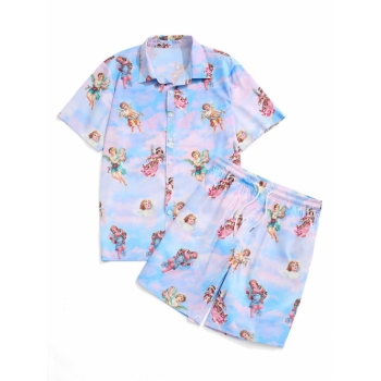 ZAFUL Men's Tie Dye Floral Angel Print Shirt And Shorts Set 2xl Light blue