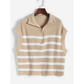 Women Half Zip Striped Drop Shoulder Vest Sweater M Light coffee