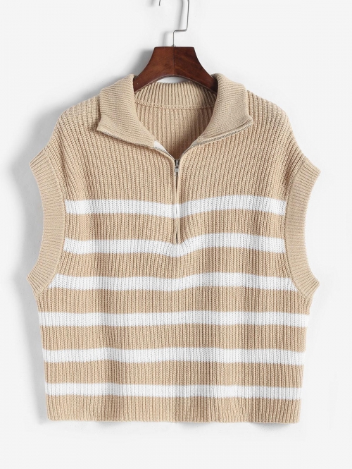 Women Half Zip Striped Drop Shoulder Vest Sweater M Light coffee