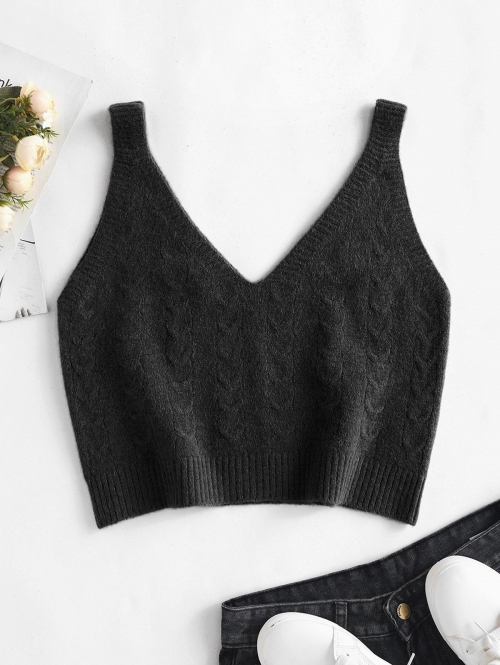 Women Tank Tops Knitted V Neck Crop Tank Top Black