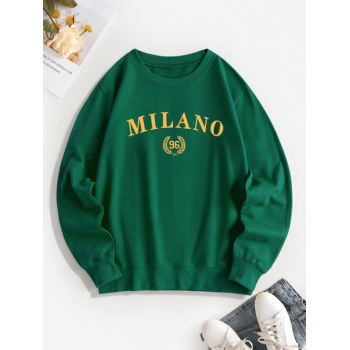 Women Hoodies Letter MILANO Leaves Graphic Printed Crew Neck Sweatshirt Xl Green