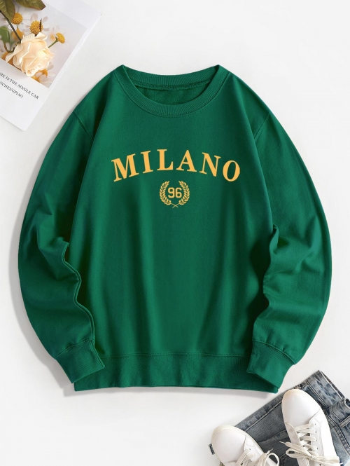 Women Hoodies Letter MILANO Leaves Graphic Printed Crew Neck Sweatshirt Xl Green