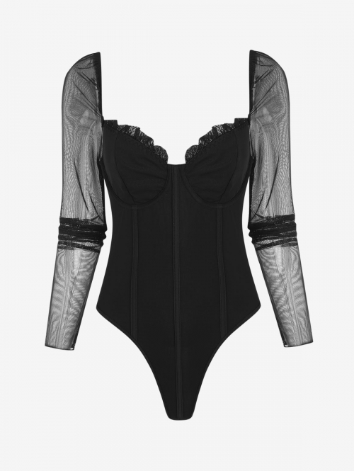 Women Bodysuits Mesh Overlay Bustier Frilled High Leg Underwire Bodysuit M Black