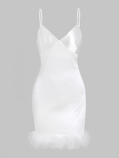 Mini Dress Feather Hem Silky Slinky Cami Slip Vegas Dress M White