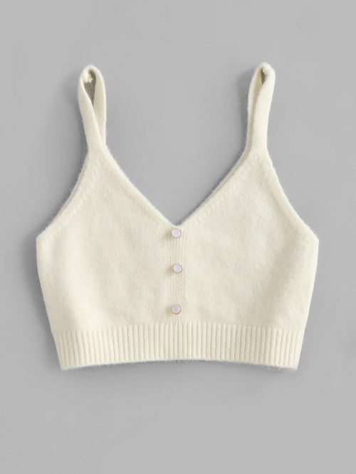 Women Tank Tops Mock Button Knitted Crop Tank Top Light coffee