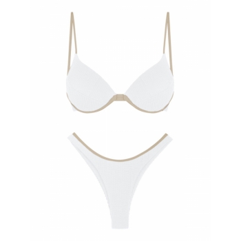 ZAFUL Textured Contrast Binding Push Up Bikini Swimwear L White