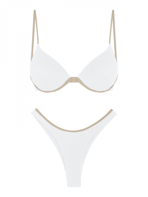 ZAFUL Textured Contrast Binding Push Up Bikini Swimwear L White