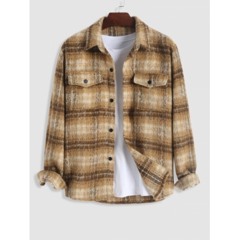 ZAFUL Men's Pocket Design Plaid Fluffy Woollen Jacket L Coffee