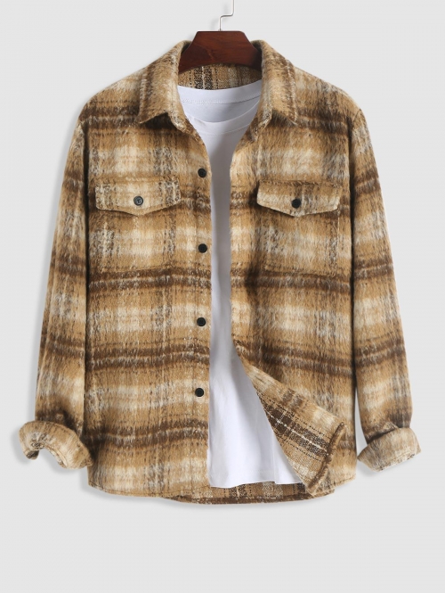 ZAFUL Men's Pocket Design Plaid Fluffy Woollen Jacket L Coffee