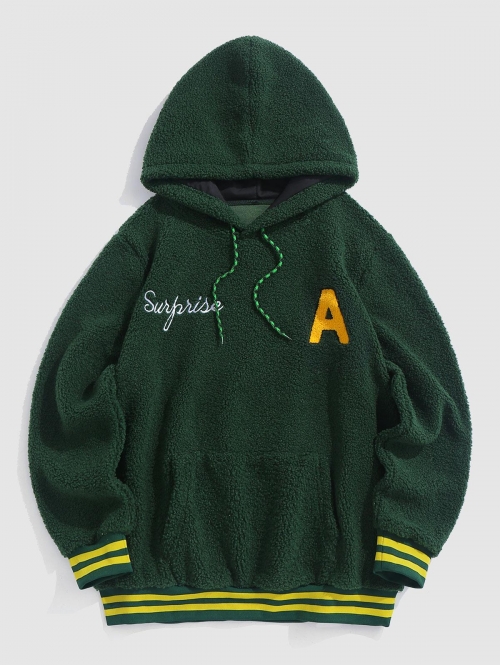 ZAFUL Men's ZAFUL Letter Surprise Embroidery Pullover Fluffy Teddy Hoodie S Deep green