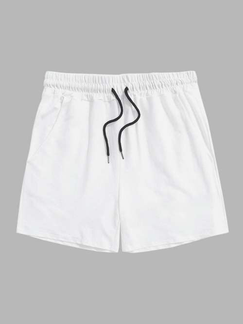 Solid Color Drawstring Sweat Shorts L White