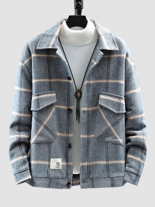 ZAFUL Men's Herringbone Pattern Cargo Pockets Plaid Jacket L Light blue