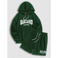 ZAFUL Men's Letter OAKLAND Embroider Fluffy Fleece-lined Hoodie and Sweat Shorts Set Outfit Deep green